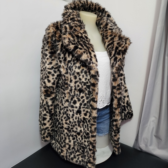 Aus12 Alice & You Faux Fur Leopard Print Collared Coat Jacket - Picture 8 of 16